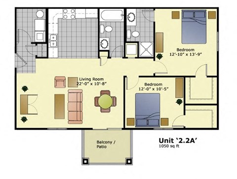 Floor plan for 2 beds, 2 baths, 1050 sqft